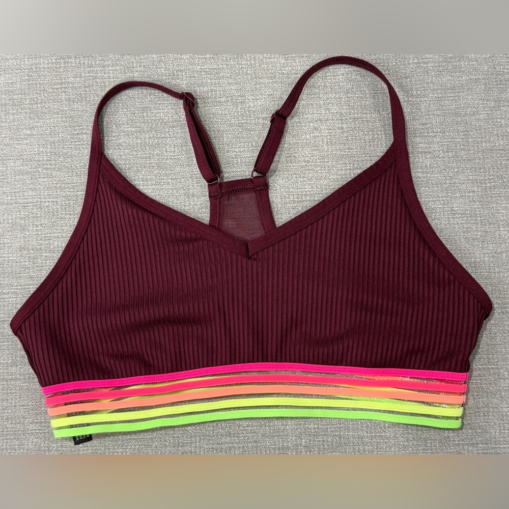 Pink Sport Ultimate Lightly Lined Ribbed Burgundy Neon Band Sports Bra Size M